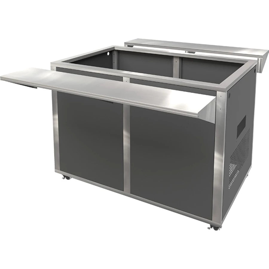 Stainless steel kitchen island with a gray countertop on a white background
