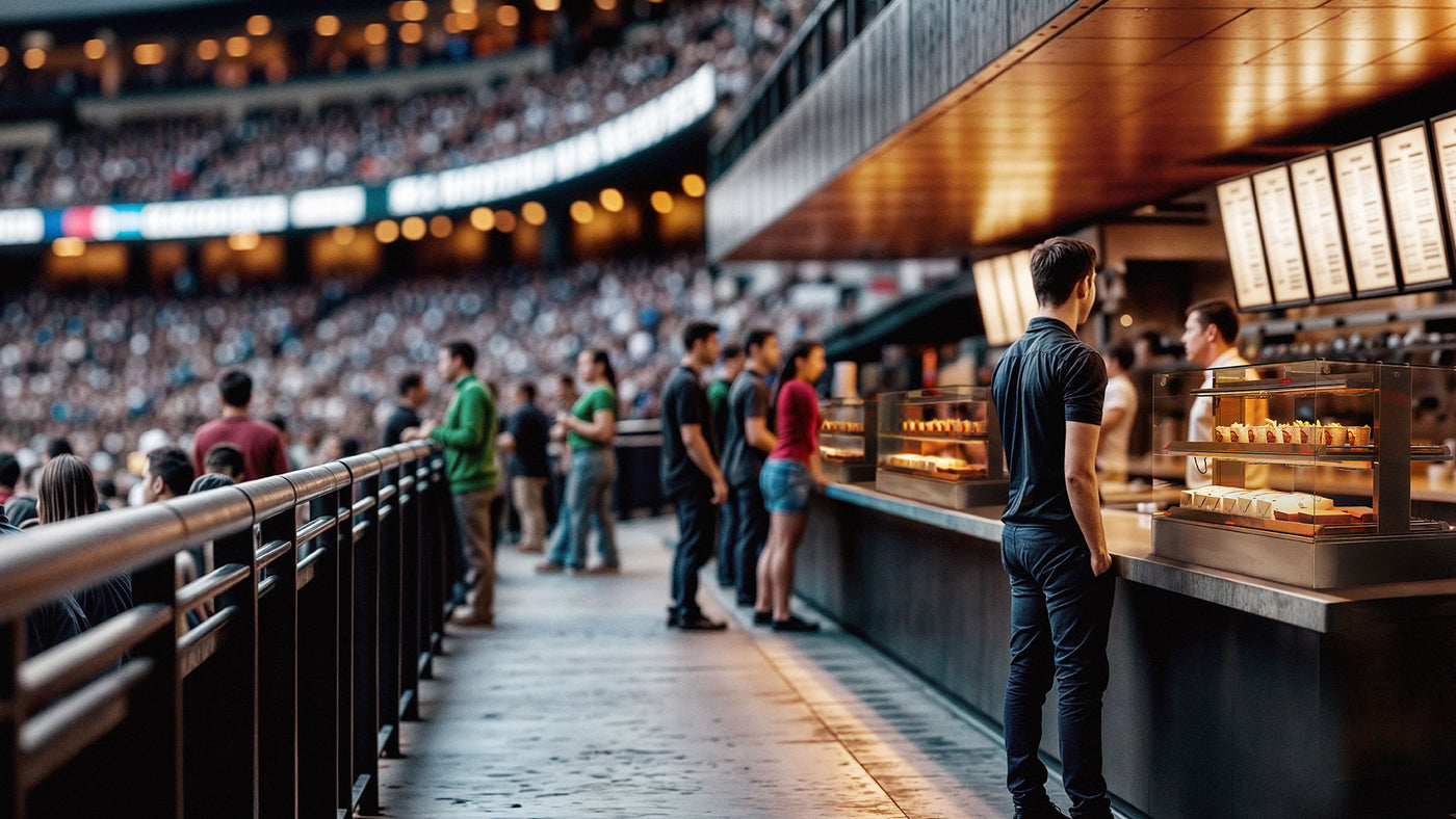 People at a sports event in a stadium with a food stand.