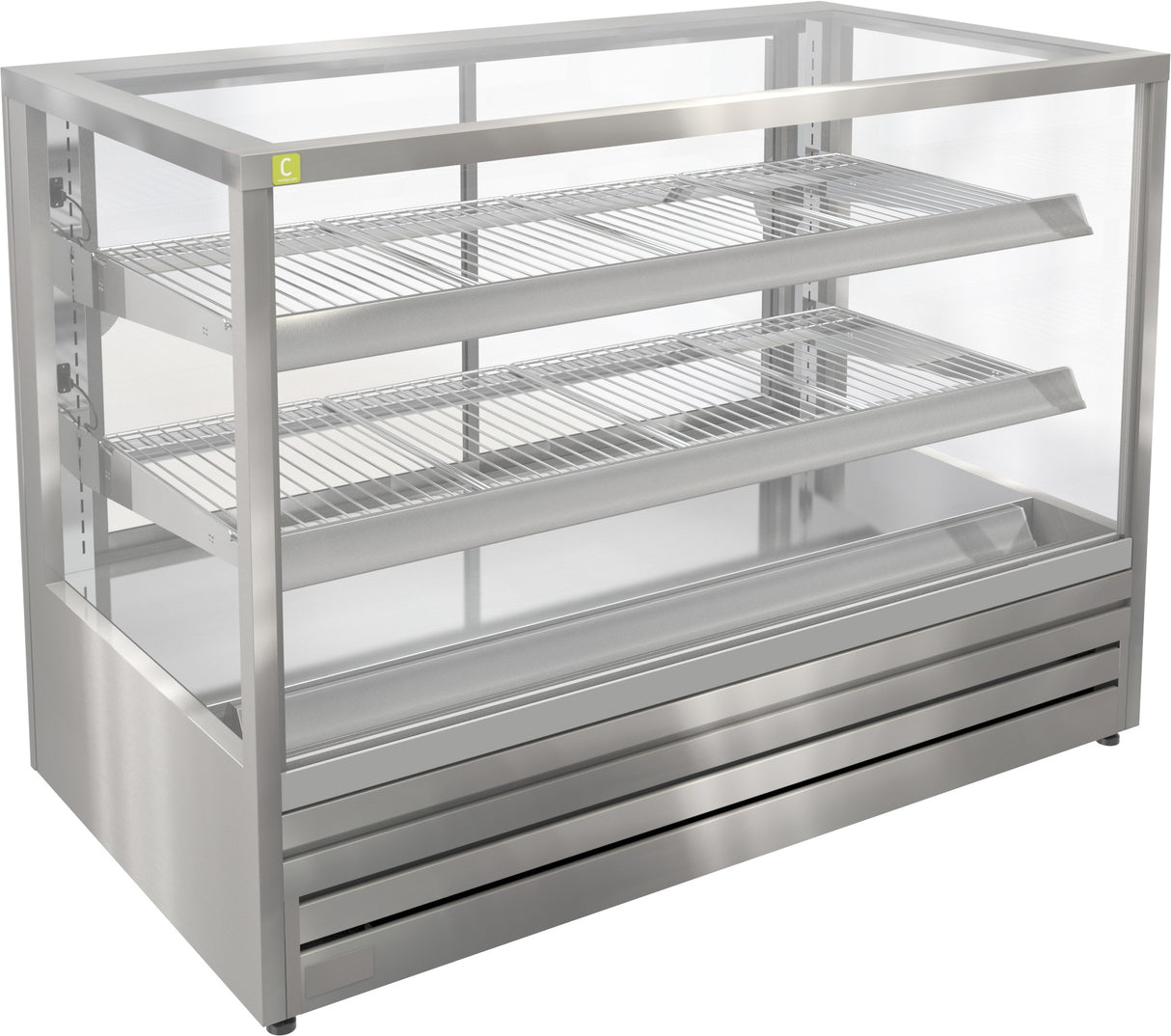 A stainless steel commercial display case with three wire shelves and clear glass front panels, shown on a plain white background.