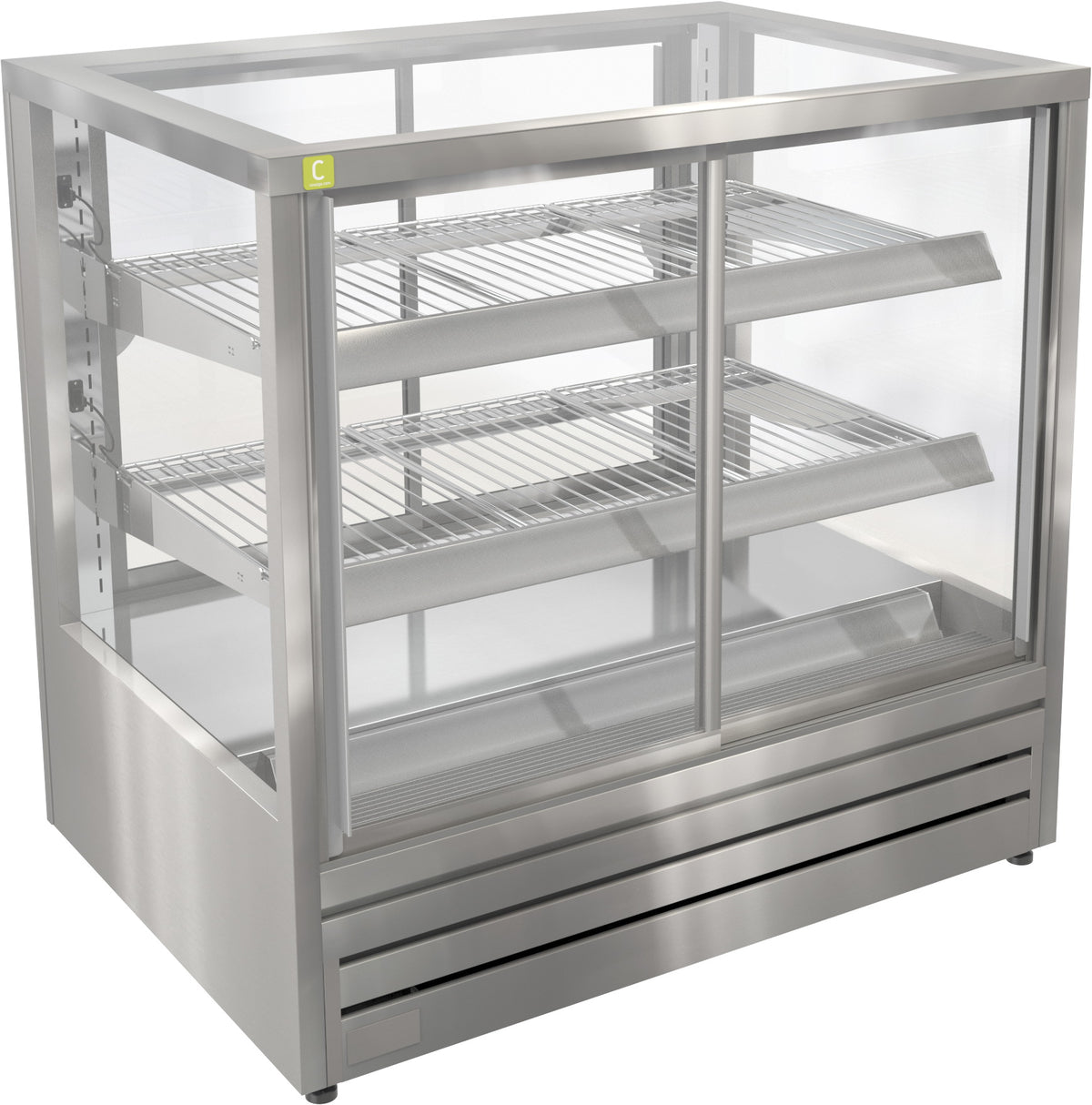 A stainless steel commercial display case with three wire shelves, glass front panels, and a bottom vented drawer, shown on a plain white background.