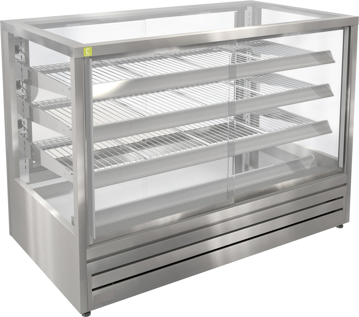 A stainless steel commercial display case with glass doors and three wire shelving levels, shown on a plain white background.