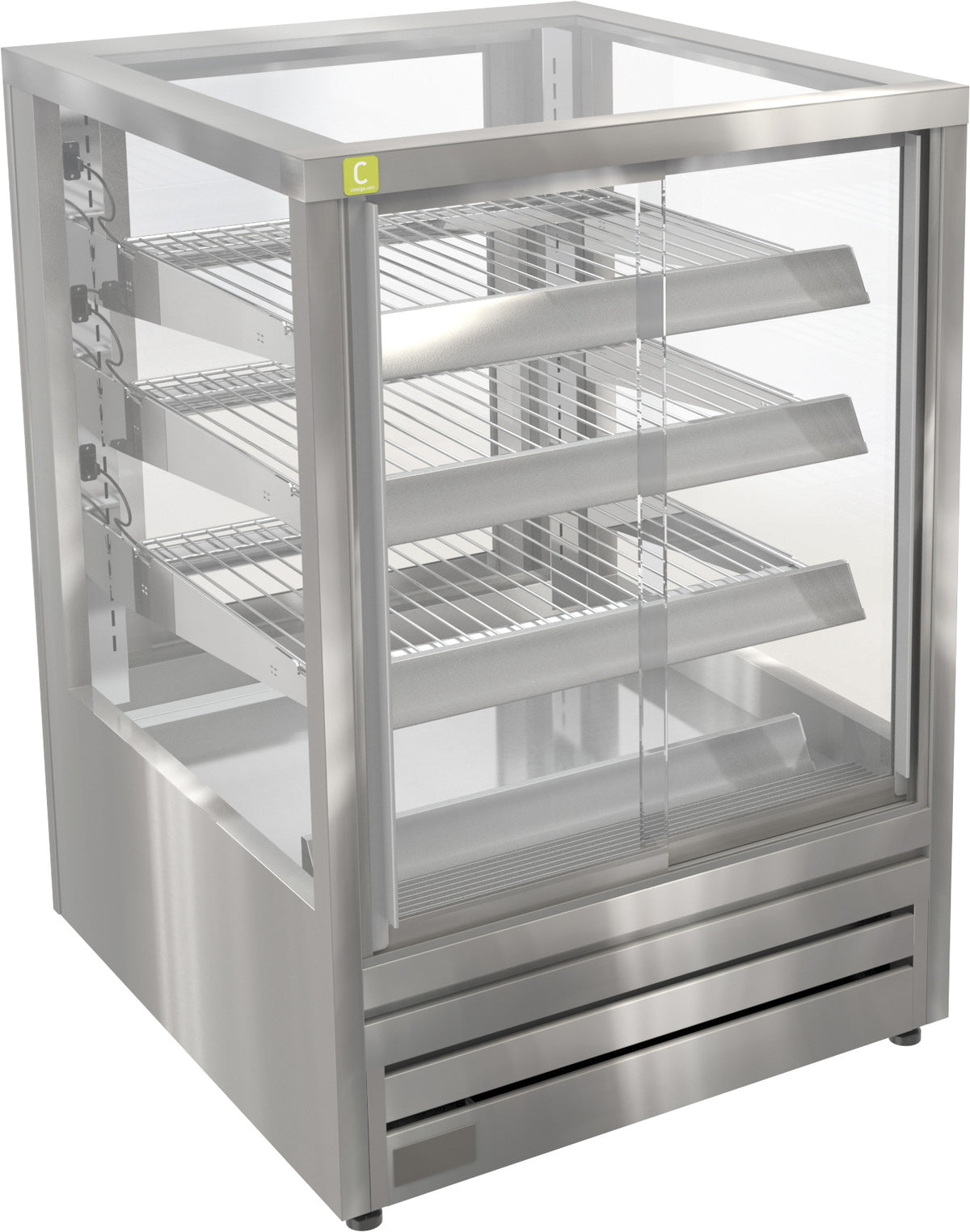 A stainless steel commercial display case with glass doors and three wire shelves, shown on a plain white background.