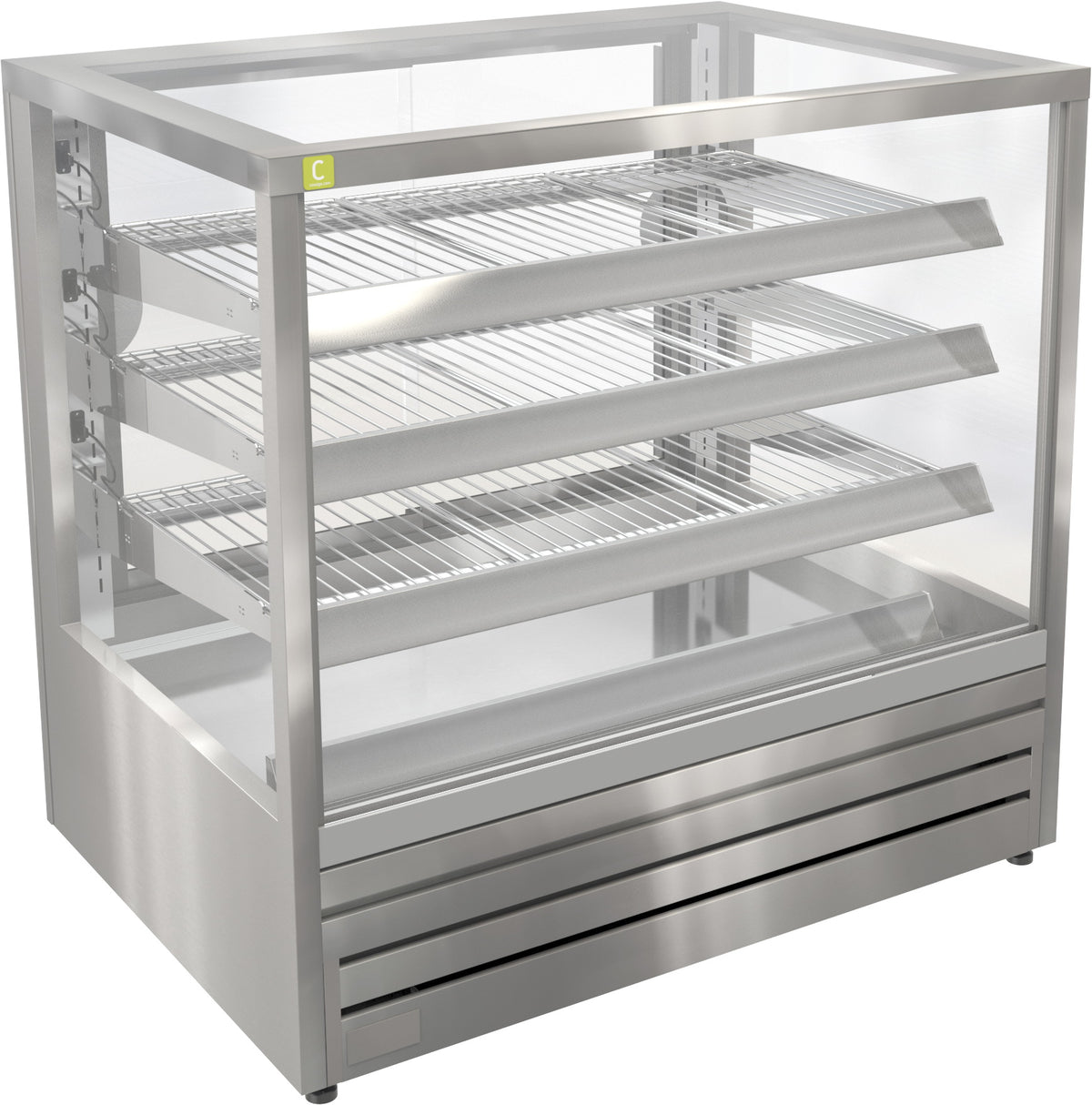 A stainless steel commercial display case with three wire shelves, glass front panels, and a bottom vented grille, shown on a plain white background.