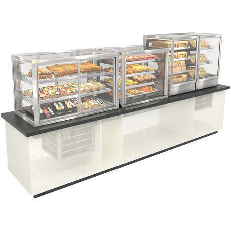 Glass display case with metal shelves on a white background