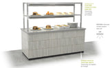 Display case with food items on a white background